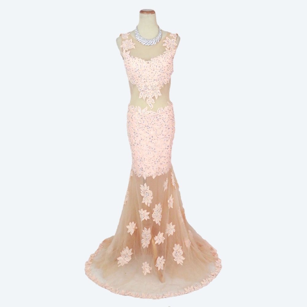 NEW Jovani  Blush Floral See-Through Open Back